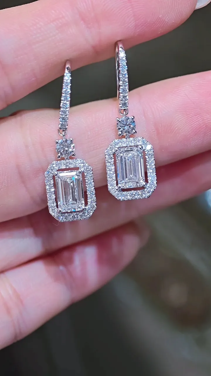 Серьги-подвески «Изумруд» в ореоле, 3 ct — фото 1