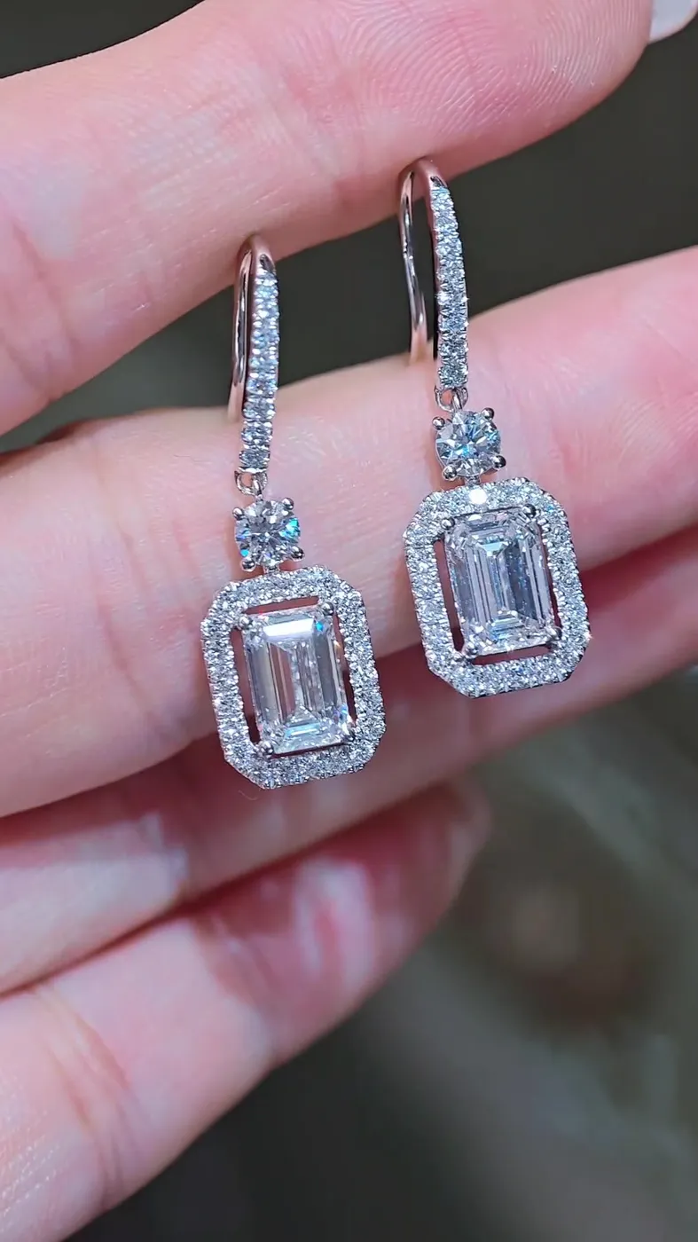 Серьги-подвески «Изумруд» в ореоле, 3 ct — фото 2
