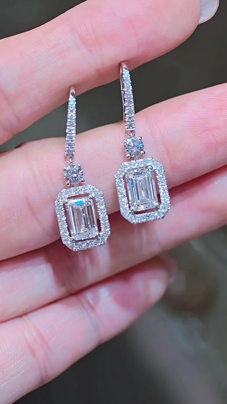 Серьги-подвески «Изумруд» в ореоле, 3 ct — фото 3