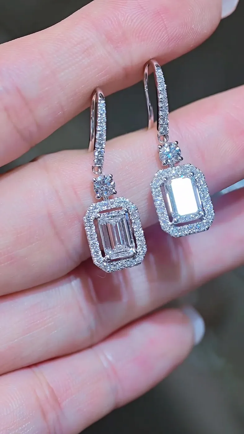 Серьги-подвески «Изумруд» в ореоле, 3 ct — фото 4